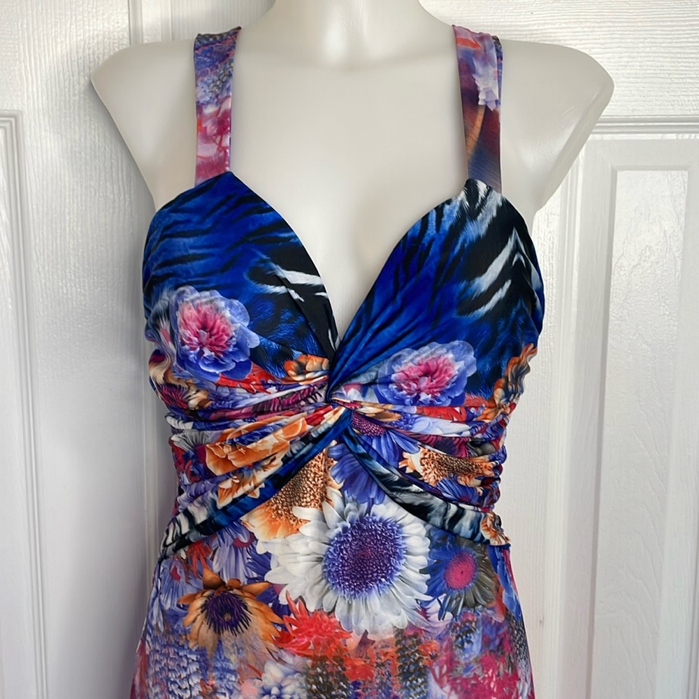 MISS MORENA LONG FLORAL SUMMER SUN DRESS MAXI PURPLE BLUE PINKS ORANGE SZ LARGE